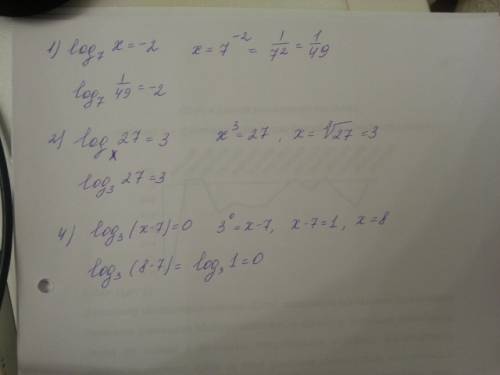 Решить ! ) 1) log7 x=-2 2) logx27=3 3) log9 x=log9^5 =log9^6 4) log3 (x-7)=0