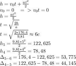 h=v_0t+\frac{at^2}{2}\\&#10;v_0=0 \ \ \ =\ \textgreater \ v_0t=0\\&#10;h=\frac{at^2}2\\&#10;t=\sqrt{\frac{2h}{a}}\\&#10;t=\sqrt{\frac{2*176,4}{9,81}}\approx6c\\&#10;h_5=\frac{9,81*5^2}{2}=122,625\\&#10;h_4=\frac{9,81*4^2}{2}=78,48\\&#10;\Delta_{5-6}=176,4-122,625=53,775\\&#10;\Delta_{4-5}=122,625-78,48=44,145\\