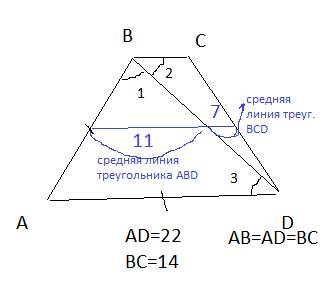25б у рівнобічній трапеції діагональ є бісектрисою тупого кута і ділить середню лінію трапеції на ві