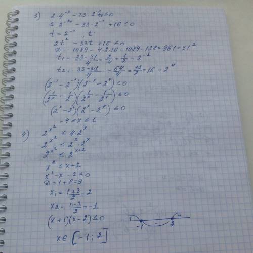 1) 4^x-2^x+5-68≥0 2) 21^x-9*7^x-3^x+9< 0 3) 2*4^-x - 33*2^-x+16≤0 4)2^(х в квадрате) ≤4*2^х ,