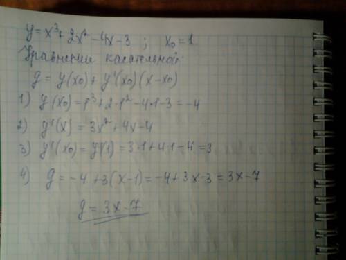 Скласти рівняння дотичної до графіка функції y=x^3+2x^2-4x-3 в точцы з абсцисою x=1