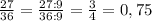 \frac{27}{36} = \frac{27:9}{36:9} = \frac{3}{4} =0,75