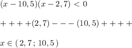 (x-10,5)(x-2,7)\ \textless \ 0\\\\++++(2,7)---(10,5)++++\\\\x\in (\, 2,7\, ;\, 10,5\, )\\