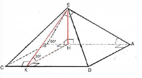 Восновании пирамиды лежит прямоугольник. одна из боковых граней наклонена к основанию под углом 30°,