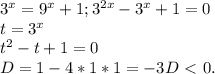 3^x=9^x+1 ; 3^{2x}-3^x+1=0\\&#10;t = 3^x \\&#10;t^2-t+1 = 0 \\&#10;D = 1-4*1*1 =-3 D\ \textless \ 0.&#10;