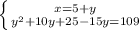 \left \{ {{x=5+y} \atop {y^2+10y+25-15y=109}} \right.