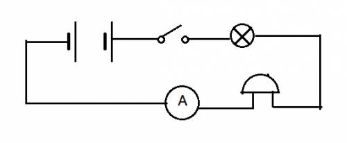 Начертите схему электрической цепи, состоящей из двух аккумуляторов, ключа, лампочки, звонка и ампер