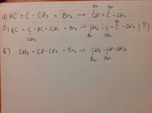 Среакциями: а)пропин+ br2(1 моль брома) б)изопрен+br2(1 моль) в) пропилен+ br2(1 моль)
