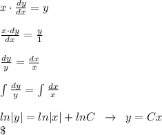 x\cdot \frac{dy}{dx} =y\\\\ \frac{x\cdot dy}{dx} = \frac{y}{1} \\\\\frac{dy}{y}=\frac{dx}{x}\\\\\int \frac{dy}{y}=\int \frac{dx}{x}\\\\ln|y|=ln|x|+lnC\; \; \to \; \; y=Cx\\\