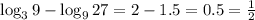 \log_3{9} - \log_9{27} = 2 - 1.5 = 0.5 = \frac{1}{2}