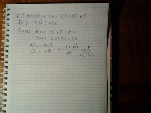 Найдите процентное содержание раствора соли, полученного при смешивании 15 литров 4%-го раствора сол