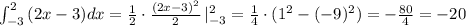 \int _{-3}^2\, (2x-3)dx=\frac{1}{2}\cdot \frac{(2x-3)^2}{2}\, |_{-3}^2=\frac{1}{4}\cdot (1^2-(-9)^2)=-\frac{80}{4}=-20