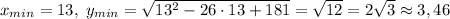 x_{min}=13,\; y_{min}=\sqrt{13^2-26\cdot 13+181}=\sqrt{12}=2\sqrt3\approx 3,46