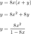 \displaystyle y=8x(x+y)\\\\y=8x^2+8y\\\\y= \frac{8x^2}{1-8x}