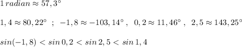 1\, radian\approx 57,3^\circ \\\\1,4\approx 80,22^\circ \; \; ;\; \; -1,8\approx -103,14^\circ \; ,\; \; 0,2\approx 11,46^\circ \; ,\; \; 2,5\approx 143,25^\circ \\\\sin(-1,8)\ \textless \ sin\, 0,2\ \textless \ sin\, 2,5\ \textless \ sin\,1,4\\