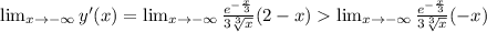 \lim_{x \to -\infty} y'(x) = \lim_{x \to -\infty} \frac{ e^{ -\frac{x}{3} } }{ 3 \sqrt[3]{x} } ( 2 - x ) \lim_{x \to -\infty} \frac{ e^{ -\frac{x}{3} } }{ 3 \sqrt[3]{x} } ( - x )