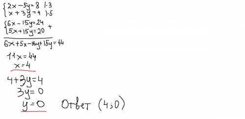 Решите систему методом сложения 2x-5y=8, x+3y=4