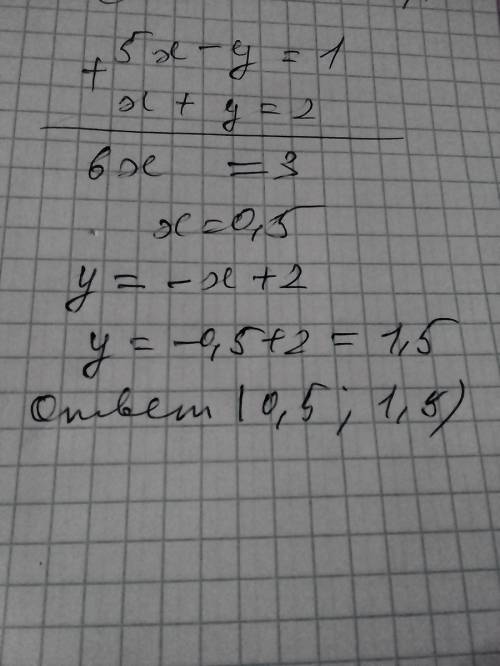 Решить системы уравнений 5x-y-1=0 x+ y-2=0