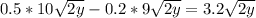 0.5*10 \sqrt{2y} -0.2*9 \sqrt{2y} =3.2 \sqrt{2y}