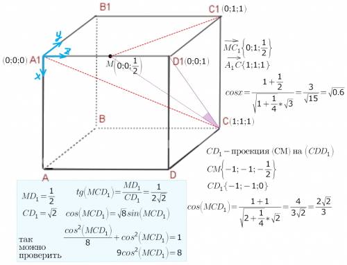 Вкубе abcda1b1c1d1 длина ребра равна 1. м - середина ребра a1d1. используя метод координат , 1) угол