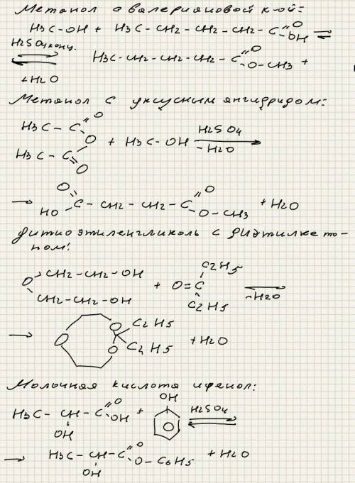 Напишите реакцию взаимодействия метанола с валериановой кислотой, метанола с уксусным ангидридом, ан