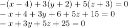 -(x-4)+3(y+2)+5(z+3)=0\\-x+4+3y+6+5z+15=0\\-x+3y+5z+25=0\\