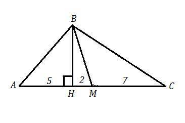 Висота трикутника ділить основу на відрізки 5см і 9см. довжина медіани проведеної до основи = 2√5 см