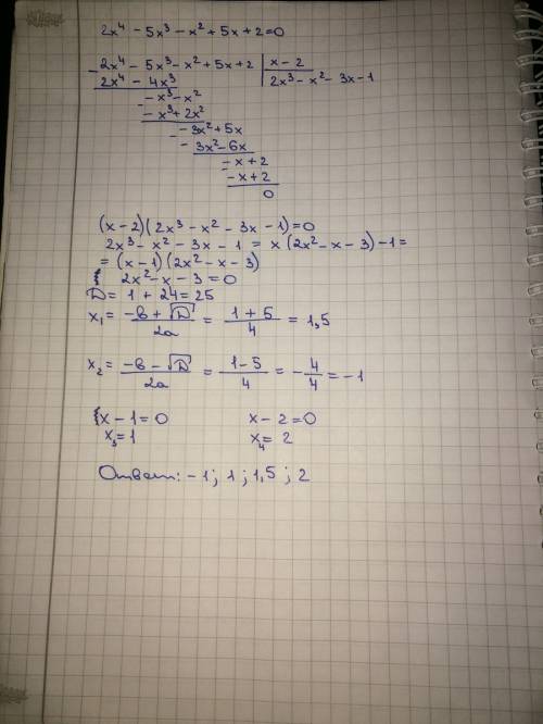 Найдите действительные корни уравнения 2x^4-5x^3-x^2+5x+2=0