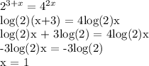 2^{3+x} = 4^{2x} &#10;&#10;log(2)(x+3) = 4log(2)x&#10;&#10;log(2)x + 3log(2) = 4log(2)x&#10;&#10;-3log(2)x = -3log(2)&#10;&#10;x = 1&#10;