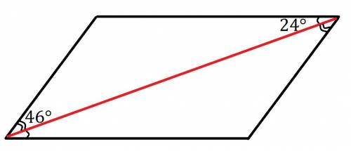 Диагональ параллелограмма образует с двумя его сторонами углы 24 и 46. тогда углы параллелограмма бу