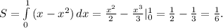 S= \int\limits^1_0 {(x-x^2)} \, dx = \frac{x^2}{2} - \frac{x^3}{3} | _{0} ^{1} = \frac{1}{2}- \frac{1}{3}= \frac{1}{6}.