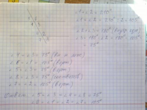 Сумма накрест лежащих углов при пересечении двух прямых секущей равна 210 градусов найти все углы об