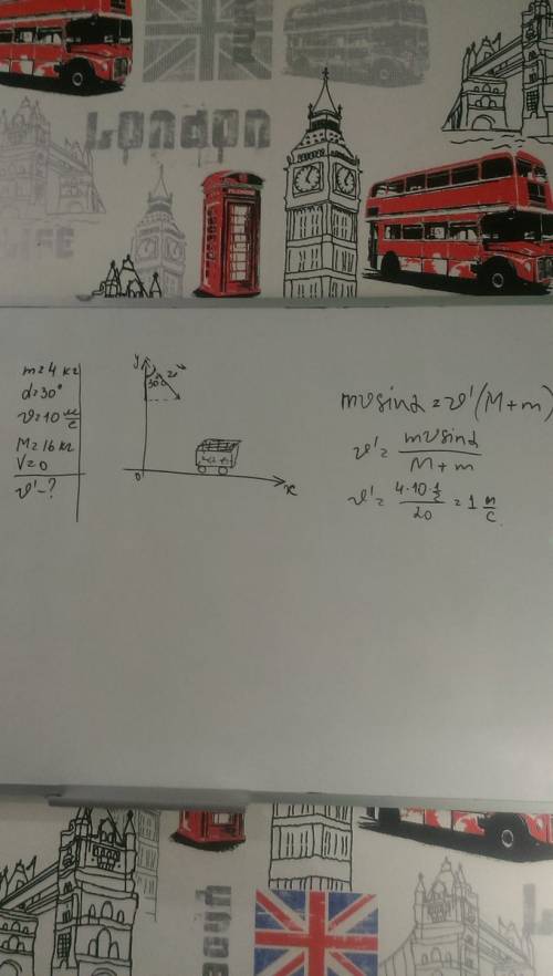 Камень массой 4 кг падает под углом 30 градусов к вертикали со скоростью 10 м/с в тележку с песком о