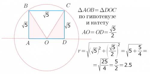 Вполуокружность вписан квадрат со сторонами корень из 5 так, что две его вершины лежат на диаметре.