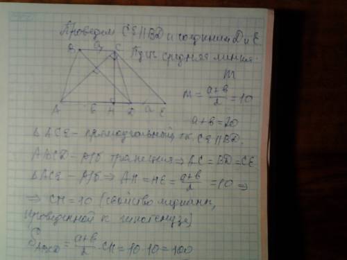 Если в равнобедренной трапеции диагонали взаимно перпендикулярны, а длина средней линии равна 10, то