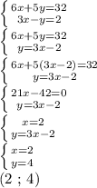 \left \{ {{6x+5y=32} \atop {3x-y=2}} \right. &#10;&#10; \left \{ {{6x+5y=32} \atop {y=3x-2}} \right. &#10;&#10; \left \{ {{6x + 5(3x-2)=32} \atop {y=3x-2}} \right. &#10;&#10; \left \{ {{21x-42 = 0} \atop {y=3x-2}} \right. &#10;&#10; \left \{ {{x=2} \atop {y=3x-2}} \right. &#10;&#10; \left \{ {{x=2} \atop {y=4}} \right. &#10;&#10;(2 ; 4)