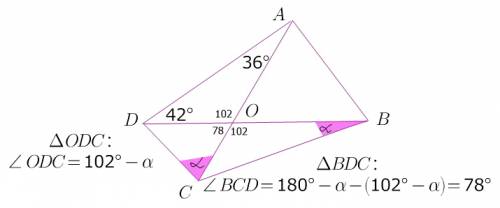 Ввыпуклым четырёхугольника abcd угол bda равен 42°,угол cad равен 36° и угол dca равен углу dbc. най