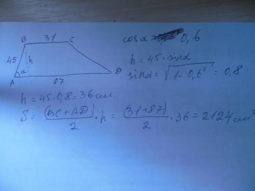 Основание трапеции равны 31 и 87, одна из боковых сторон равна 45, а косинус угла между ней и одним