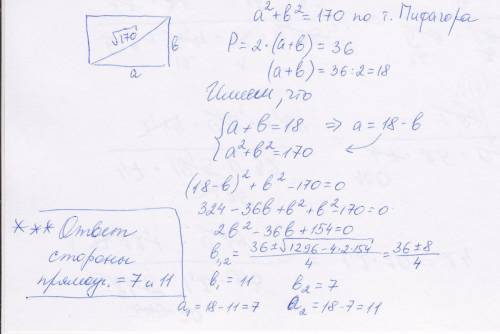 Как найти площадь прямоугольника если известно корень диагонали из 170,периметр прямоугольника 36