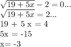 \sqrt{19+5x} - 2 = 0... &#10;&#10;\sqrt{19+5x} = 2... &#10; &#10; 19 + 5 x = 4&#10;&#10;5x = -15&#10;&#10;x= -3