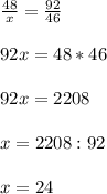 \frac{48}{x}= \frac{92}{46} \\ \\ 92x=48*46 \\ \\ 92x= 2208 \\ \\ x=2208:92 \\ \\ x=24