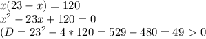 x(23-x)=120 \\ x^{2} -23x+120=0 \\ (D= 23^{2} -4*120=529-480=49\ \textgreater \ 0 \\