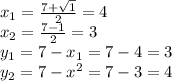 x_{1} = \frac{7+ \sqrt{1} }{2} =4 \\ x_{2} = \frac{7-1}{2} =3 \\ y_{1} =7- x_{1} =7-4=3 \\ y_{2}=7- x^{2} =7-3=4 \\