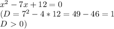 \\ x^{2} -7x+12=0 \\ (D= 7^{2}-4*12=49-46=1 \\ D\ \textgreater \ 0) \\