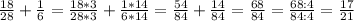 \frac{18}{28}+\frac{1}{6}=\frac{18*3}{28*3}+\frac{1*14}{6*14}=\frac{54}{84}+\frac{14}{84}=\frac{68}{84}=\frac{68:4}{84:4}=\frac{17}{21}