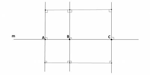 Начертите прямую m и отметьте на ней три точки а, в и с. через эти точки проведите прямые, перпендик