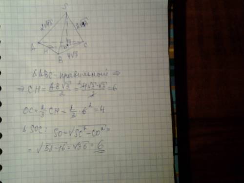 Вправильной треугольной пирамиде сторона основания равна 4√3 а длина бокового ребра 2√13. найти высо