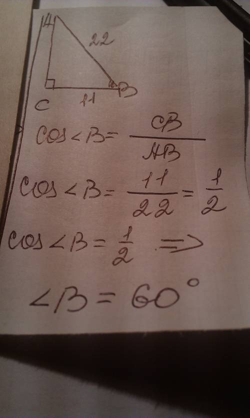 Найдите cos ∠b, если в треугольнике abc ∠с = 90°, вс = 11, ав = 22.