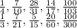 \frac{1}{4} , \frac{7}{10}, \frac{28}{31}, \frac{14}{17}, \frac{100}{103} \\ \frac{1}{3} , \frac{7}{21}, \frac{5}{15}, \frac{20}{60}, \frac{100}{300}