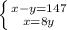 \left \{ {{x-y=147} \atop {x=8y}} \right. \\